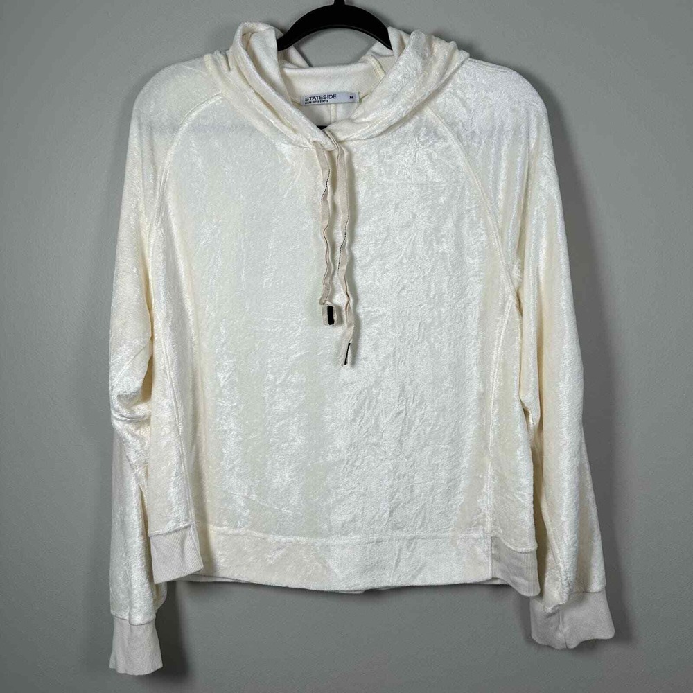 Stateside Medium Hoodie Cream Long Sleeve Crushed Velvet Bamboo Blend Relaxed